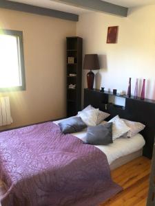 ChâteauvieuxにあるChambre chez l'habitantのベッドルーム1室(紫色の毛布と枕が備わるベッド2台付)