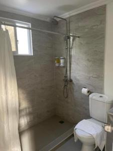 ein Bad mit einer Dusche und einem WC in der Unterkunft Lopez Beach Resort in Sipalay