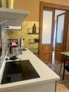 a kitchen with a stove and a counter top at Penzion Lederer in Dolní Dunajovice