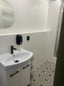 een witte badkamer met een wastafel en een spiegel bij Penzion Lederer in Dolní Dunajovice