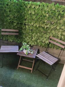 two chairs and a table next to a green wall at 美ハウス in Tokyo