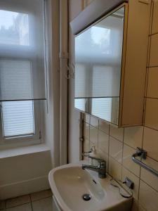 baño con lavabo, espejo y ventana en City Home Zurich, en Zúrich