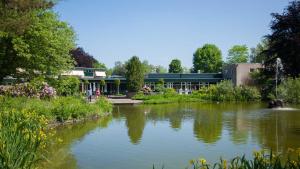 a view of a pond in front of a building at Molecaten Park Landgoed Ginkelduin in Leersum
