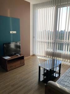 Apartmant in Smart Plaza في كييف: غرفة معيشة مع أريكة وطاولة قهوة