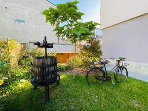un alimentador de aves y una bicicleta en un patio en Casa Piero - villetta con piscina ad Alba, Langhe en Alba