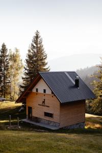 une grange avec un toit noir sur un champ dans l'établissement Alpine Cottage Golica, à Jesenice