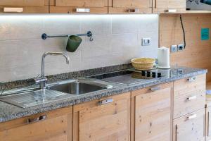 - une cuisine avec un évier en acier inoxydable et des placards en bois dans l'établissement Chalet Al Lago, à Alleghe