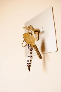 eine goldene Schlüsselkette, die an einer Wand hängt in der Unterkunft Boutiquehotel & Tiny houses PLEK17 in Milsbeek
