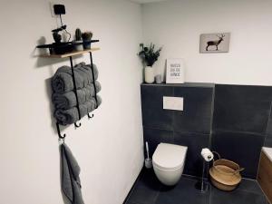 a bathroom with a white toilet and black tiles at Ferienwohnung Traum am Berg in Zwiesel