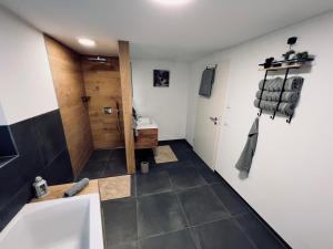 a bathroom with a shower and a sink and a toilet at Ferienwohnung Traum am Berg in Zwiesel +13 photos