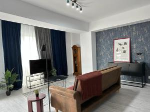 a living room with a couch and a tv at City Center Accommodation - 308 in Reşiţa