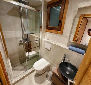 ein Badezimmer mit Dusche, Toilette und Waschbecken in der Unterkunft Le Refuge d'Ours, Champagny in Champagny-en-Vanoise + 23 Fotos