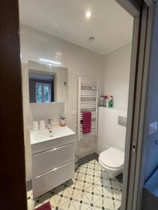 a bathroom with a white sink and a toilet at la Montagnette l oursson CHAMBRE in Moutiers