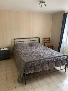 ein Schlafzimmer mit einem Bett mit einer Decke darauf in der Unterkunft Maisonnette 1 chb à la campagne in Eauze