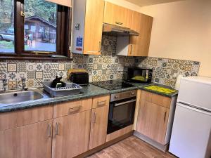 a kitchen with wooden cabinets and a sink at Snug hut 5-Hot Tub-Woodland Lodges-Pembrokshire-Tenby in Carmarthen