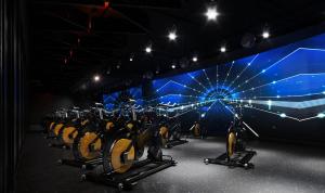 a row of bikes in a gym with a blue wall at Hyatt Regency Baku in Baku