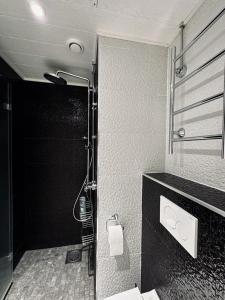 a bathroom with a shower and a toilet at Moderni yksiö parvekkeella,, erinomainen sijainti in Helsinki +6 photos