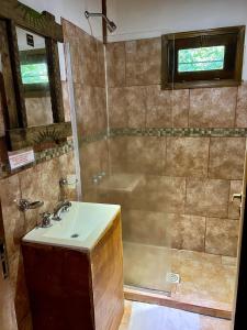 a bathroom with a sink and a shower at Rainforest Hotel & Cabañas in Puerto Iguazú