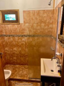 een badkamer met een douche en een wastafel bij Rainforest Hotel & Cabañas in Puerto Iguazú