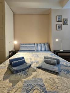 een slaapkamer met een groot bed met 2 kussens erop bij Vado al teatro monolocale in centro per 2 in Ancona