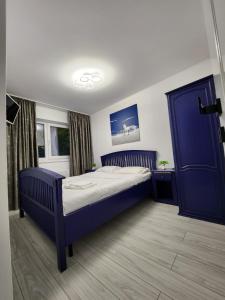 a bedroom with a bed with a blue door at EDWARD RESIDENCE in Slănic-Moldova