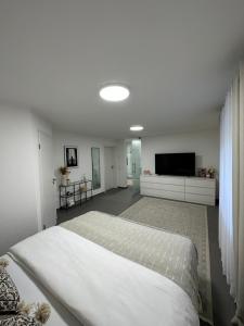 a bedroom with a large bed and a flat screen tv at Wohnung in Laupheim in Laupheim