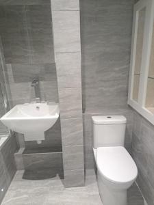 a bathroom with a toilet and a sink at Bournemouth Hot Tub & Sauna Holiday Let in Bournemouth