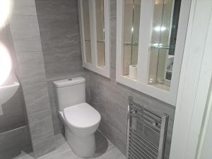 a bathroom with a white toilet and a sink at Bournemouth Hot Tub & Sauna Holiday Let in Bournemouth