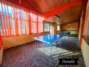 una mesa de ping pong en una habitación con ventanas en Pensiunea Paradis en Buşteni