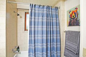 a blue shower curtain in a bathroom with a tub at Enjoy The Peaceful Mountain Air- Hikeexplore! in Swiss