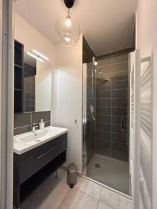 een badkamer met een wastafel en een glazen douche bij Magnifique appartement T4 in Bordeaux