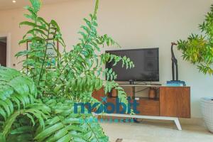 sala de estar con TV y algunas plantas en Hermoso y perfecto 2 Hab frente al mar en Cap Cana en Punta Cana