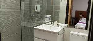a bathroom with a sink and a glass shower at Hostal Doña Isabel in Majadahonda