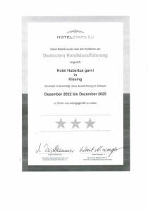 Certifikát, hodnocení, plakát nebo jiný dokument vystavený v ubytování Hotel Hubertus