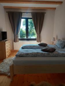 - une chambre avec 2 lits et une grande fenêtre dans l'établissement Casa Oaspeti Transfagarasan, à Cârţişoara