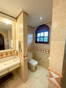 a bathroom with a toilet and a sink and a mirror at Suítes Casa Aurora in Canela