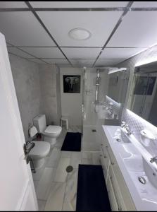 ein Badezimmer mit zwei Waschbecken, einem WC und einer Dusche in der Unterkunft Puerto Banus in Marbella
