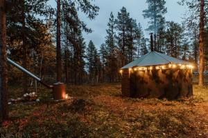 a tent in the woods with lights on it at Ainutlaatuinen metsämajoitus in Enontekiö