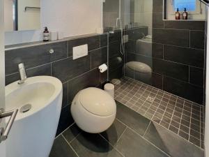 La salle de bains est pourvue de toilettes et d'un lavabo. dans l'établissement The R Apartment Froburg, Parking, Netflix, Golfplatz, à Obergösgen