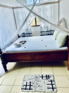 a bed with a canopy in a room with a rug at CLASSIC VISITORS HOUSE in Nasulo