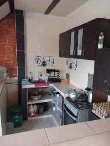 a small kitchen with a stove and a sink at Casa Girardot in Tocaima