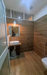 a bathroom with a sink and a mirror at Kiran Apartment in Jaisalmer