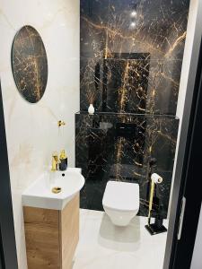 a bathroom with a white toilet and a black wall at Apartament z widokiem in Zgorzelec
