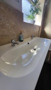ein weißes Waschbecken im Bad mit Fenster in der Unterkunft The bolt in Newhaven