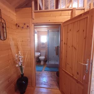 a bathroom with a toilet in a wooden house at Le Chalet d'EVOA in Étang-Salé