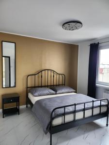 a bedroom with a bed with a black metal frame at Apartament z widokiem in Zgorzelec