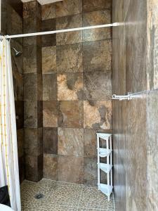 a bathroom with a shower with a ladder in it at Casa los ventanales in Chiconcuac
