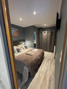 a bedroom with a bed and a television in it at la Montagnette L ours T1 in Moutiers