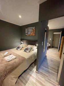 a bedroom with a large bed in a room at la Montagnette L ours T1 maison en travaux de 10h a 17h in Moutiers