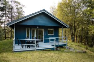 a blue tiny house with a large porch at Otter chalet in Crianlarich